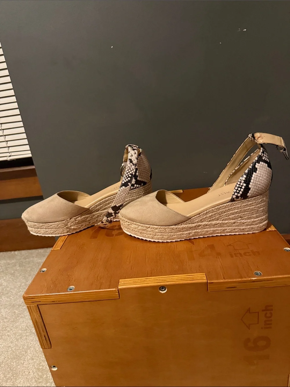 Wedge Espadrille Sandals in Beige with Snakeskin Ankle Strap